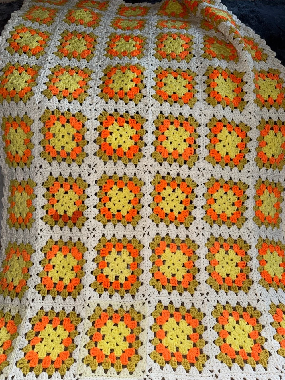 Hand Crafted Yellow Orange Cream Crochet Granny Square Throw Blanket